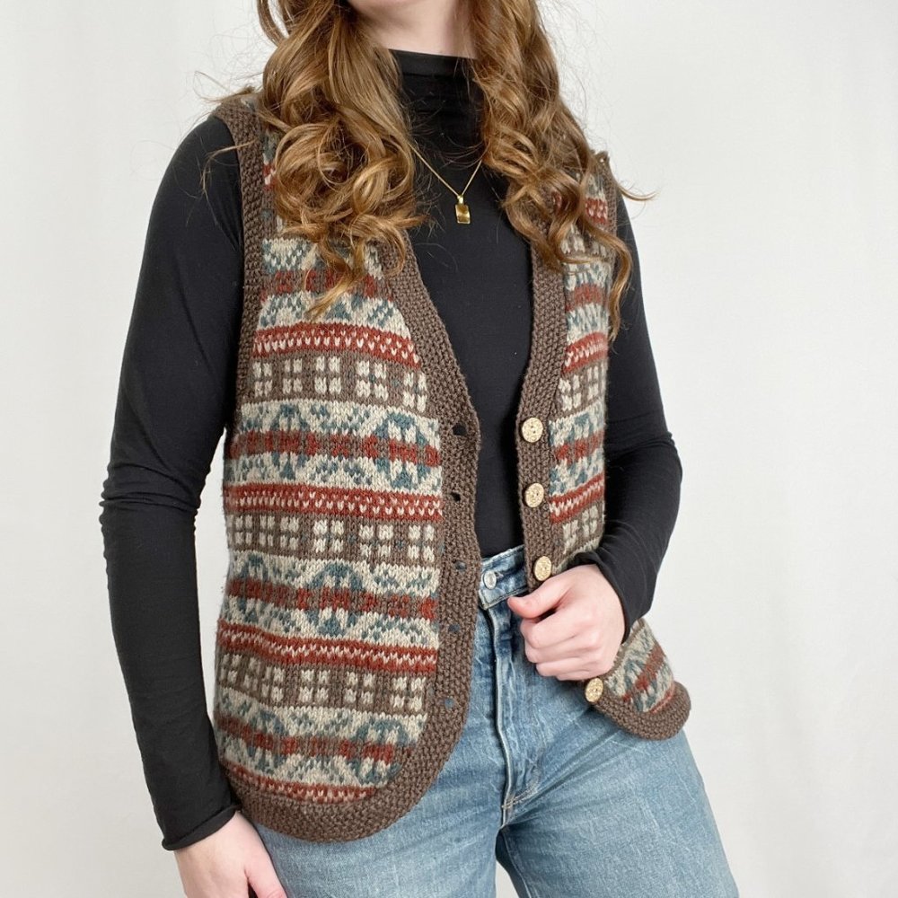 Vintage Handmade Rustic Cottagecore Fair Isle Knit Sweater Vest Cardigan Grandpa - Picture 4 of 8